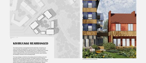 Architecture board with site plan, text, diagrams in blue and a rendering of wooden housing and garden. Page of the work by Esa Partanen.