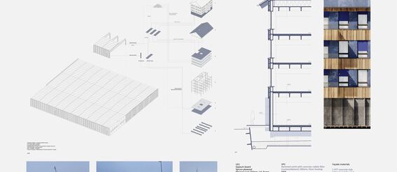 Architectural sheet with axonometric views in shades of blue, a section view and blue‑yellow facade elevation of a multi‑storey building. Below photos and text.  Page of the work by Esa Partanen.