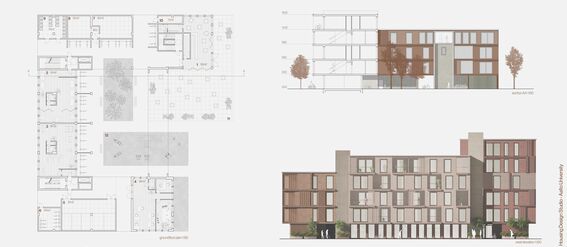 Architectural sheet with floor plans, section view and elevation of a multistorey brown and grey residential block with trees.  Page of the work by Francesco Quaini.