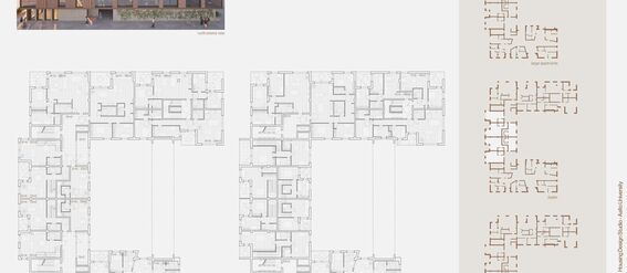 Architectural board with brown residential facade, floor plans and a diagram of different types of apartments on a light background. Page of the work by Francesco Quaini.