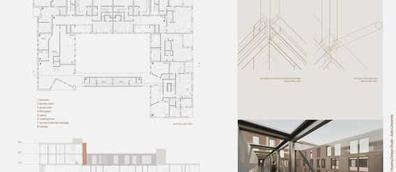 Architectural sheet with floor plan, section, structural detail sketches on a light background and a view form the bridge. Page of the work by Francesco Quaini.