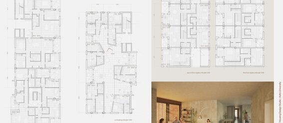 Architectural sheet with floor plans and a sunlit beige living room interior with people. Page from the work by Francesco Quaini.