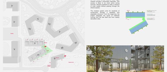Architectural board with grey site plan, diagram in bright blue and green and courtyard visualisation. A page from the work by Leonie Theubet.