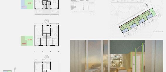 Architectural layout sheets with floor plans in blue and green and a rendered interior of a dining area. A page from the work by Leonie Theubet.