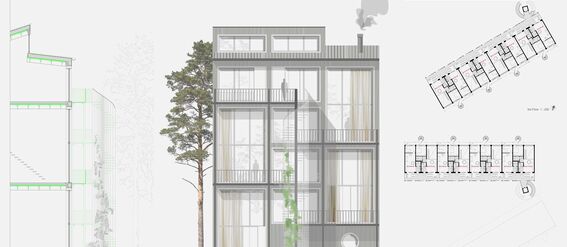 Architectural elevation of a modern grey house with balconies and large windows, section view and floor plans. A page from the work by Leonie Theubet.