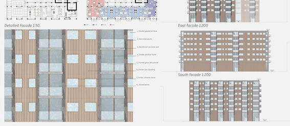 Architectural sheet with floor plans and brown-white apartment block facades with window details. A page from the work by Máximo Sagel Sánchez.