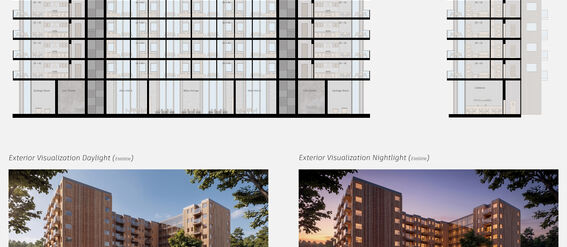 Architectural sheet with building sections above and exterior views by day and night below. A page from the work by Máximo Sagel Sánchez.