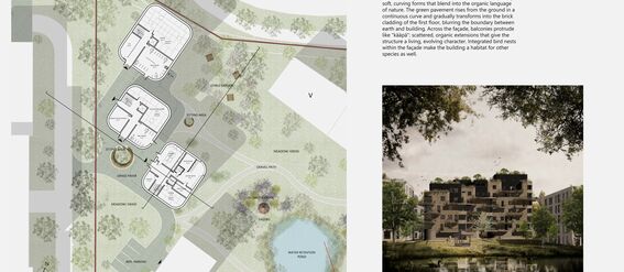 Architectural site plan with buildings and a courtyard view of a stepped, vegetation-covered housing block by water. A page from the work by Iiris Moisio.