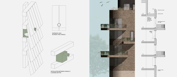 Architectural drawing of brick building with balconies, green roof and integrated bird nest modules in the façade. Including diagrams of details. A page from the work by Iiris Moisio.