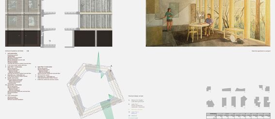Architectural sheet with facade and sections, concept diagrams and a drawing of two people in a light timber-framed room with a view towards courtyard.  Page from the work by Xingchen Wang. 