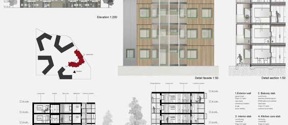 Architectural housing drawings with elevations and sections. Page from the work by Yukiha Asano.