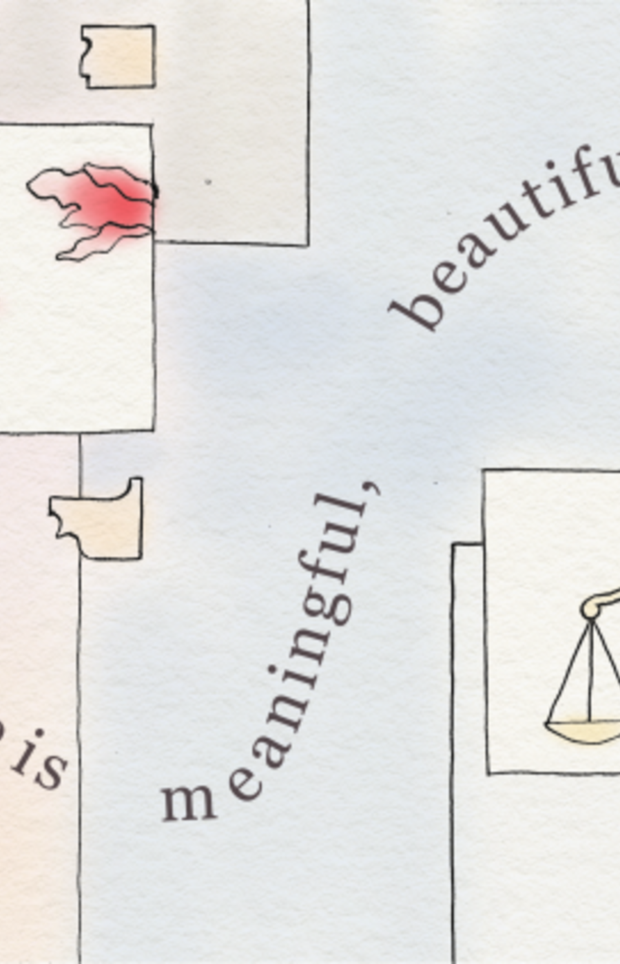 Abstract art with text: 'What kind of life is meaningful, beautiful, equitable?' Scales and red shapes included.