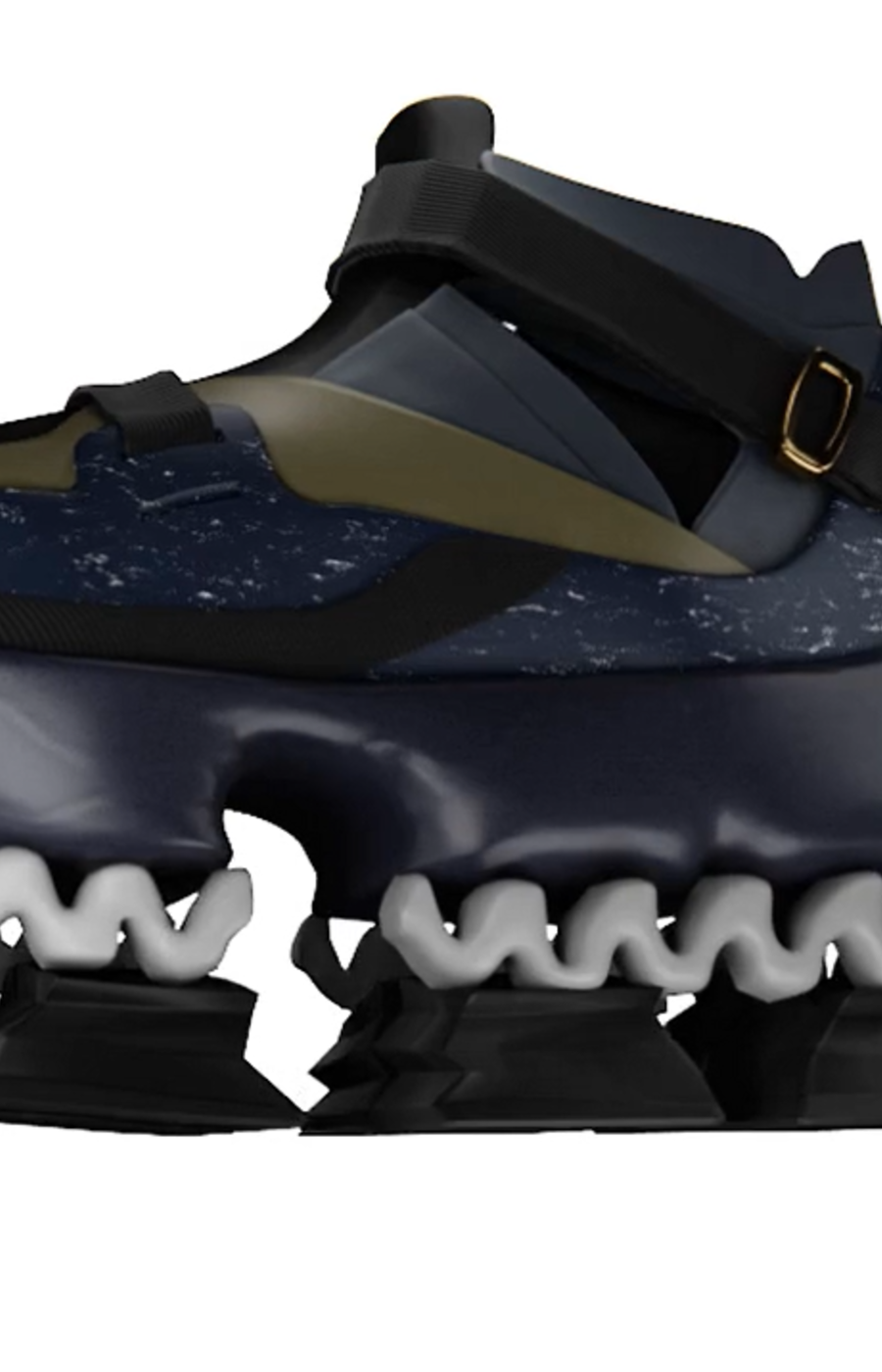 A futuristic shoe with a dark blue upper, black straps, and a unique segmented sole in black and white.