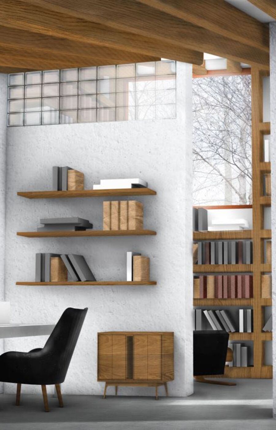 Modern study room with wooden shelves, desk, black chair, and large window. Bookshelves and wooden door in the background.