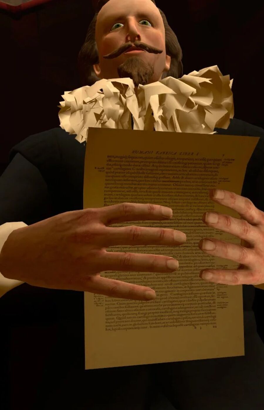 A person wearing a ruffled collar holds a document with both hands. The background is dark.