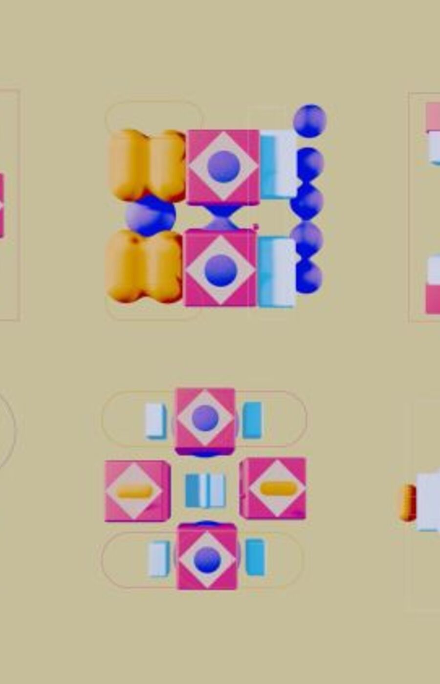 Six abstract geometric patterns with shapes like circles, squares, and diamonds on a beige background.