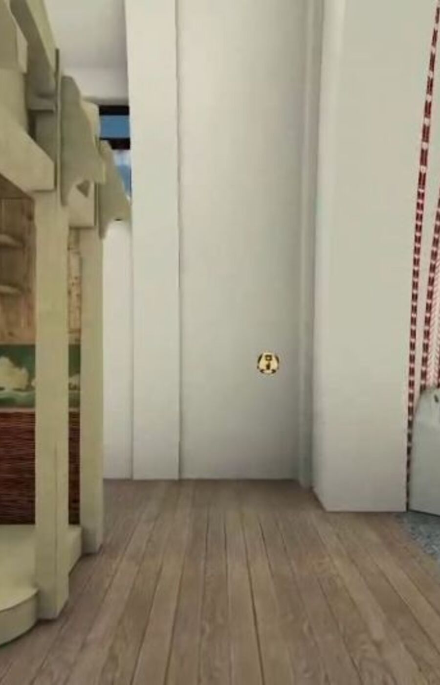 A room with wooden flooring, a wooden table, and chairs. A large arched door with a mural above it is visible.