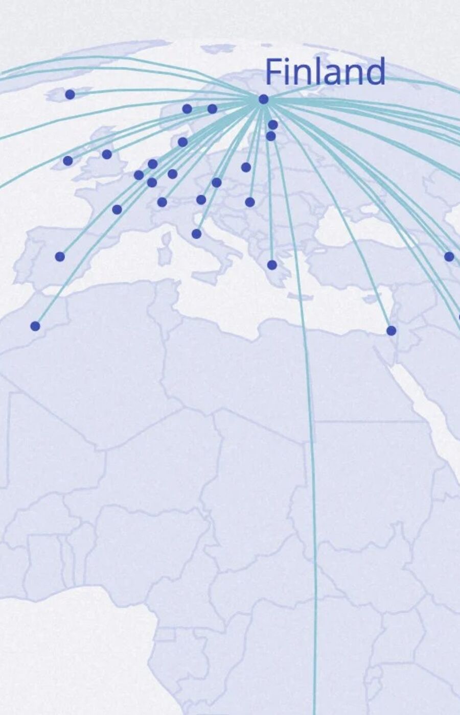 A map showing connections from Finland to various locations around the world with blue lines and dots.