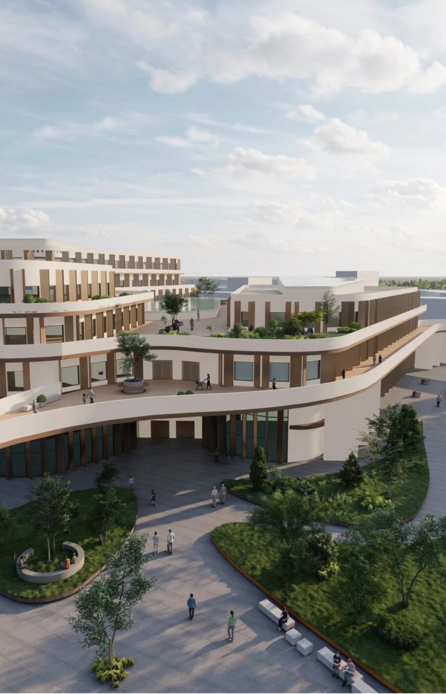 Modern multi-storey building with a curved walkway, surrounded by greenery and people walking.
