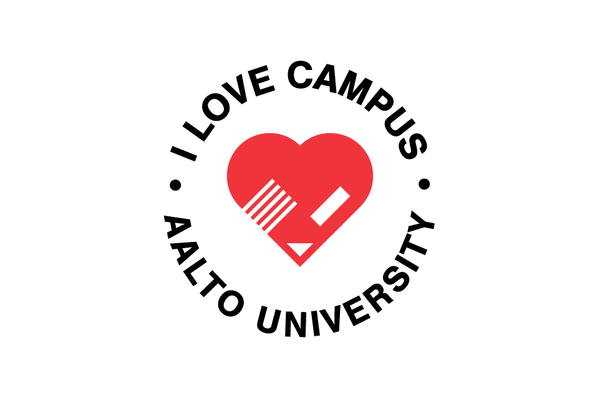 A heart comprised of the Aalto print. I love campus and Aalto University written around the heart.