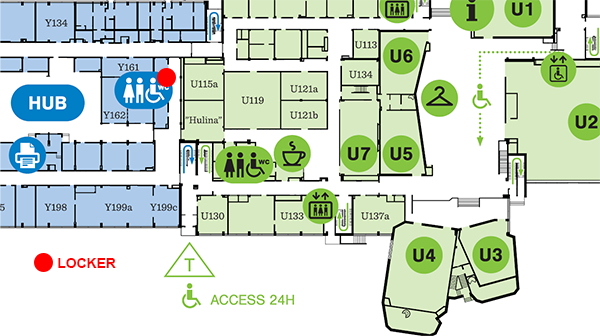Map for locating the pick-up locker for SIM cards. Red dot marks the place for the locker on the corridor starting in front of Y199