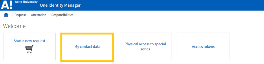 Aalto-yliopiston One Identity Manager -sivu pyynnöille, yhteystiedoille, pääsylle ja tunnuksille.