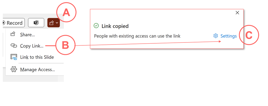 A window showing options to share, copy a link, and manage access, with a 'Link copied' confirmation message.