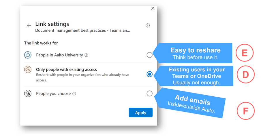 Screenshot of link settings with options for sharing access, reshare limits, and email addition.
