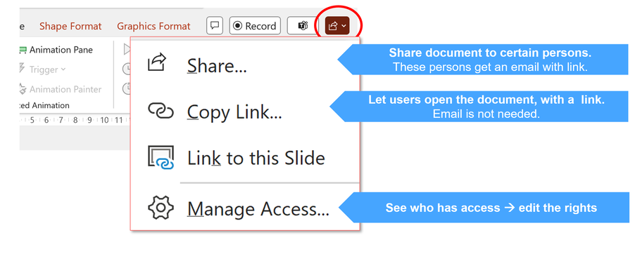 A screenshot showing share options in a presentation software. Options include share, copy link, link to slide, manage access.