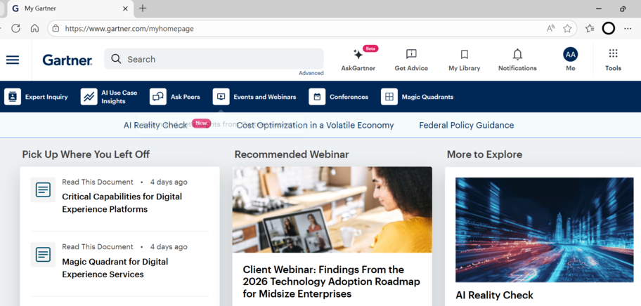 The Gartner Research Database webpage with sections for documents, webinars, and AI insights. The header includes search and navigation options.