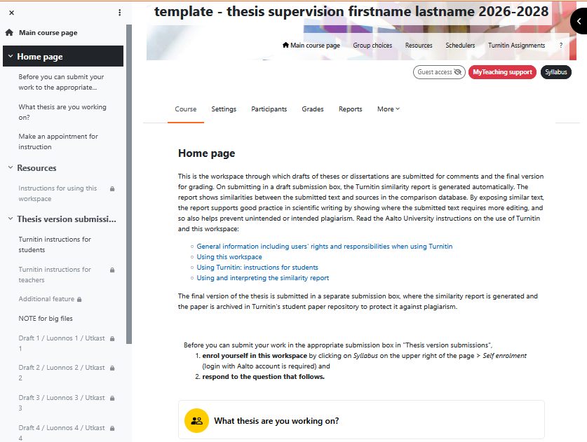 Screenshot of the thesis supervision course page with navigation menu on the left and main content on the right.