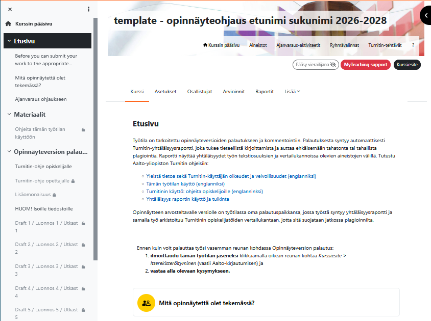 Kuvakaappaus opinnäytetyöohjauksen työtilan sivusta, jossa näkyy valikko ja ohjeet työn palauttamiseen.