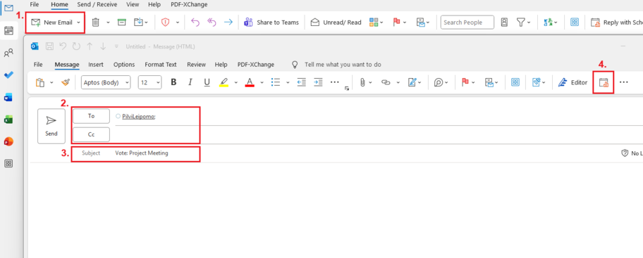The picture shows step-by-step visual instructions (steps 1–4) for creating a scheduling poll in an Outlook email.