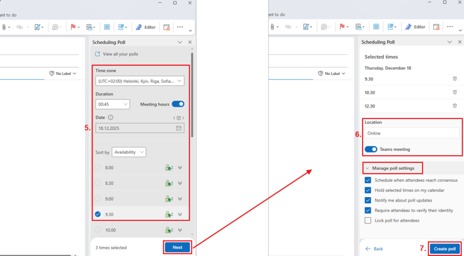 The picture shows step-by-step visual instructions (steps 5-7) for creating a scheduling poll in an Outlook email. 