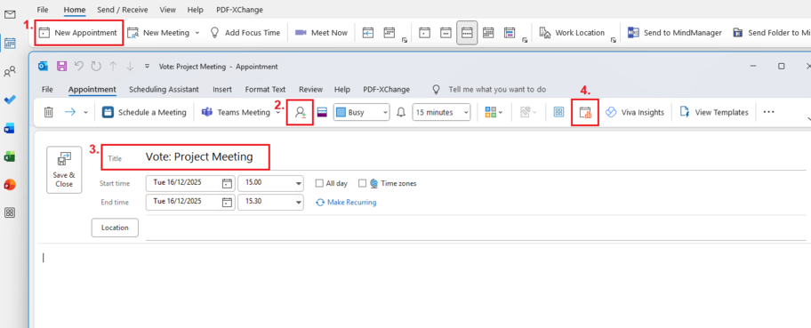 The picture shows step-by-step visual instructions (steps 1–4) for creating a scheduling poll in Outlook calendar. 

