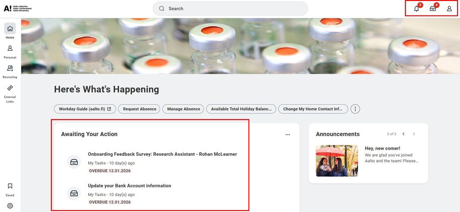 Workday homepage with tasks and announcements. Top right has icons for notifications and profile.