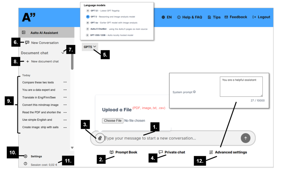 Screenshot of Aalto AI Assistant interface with numbered labels highlighting various features and options.