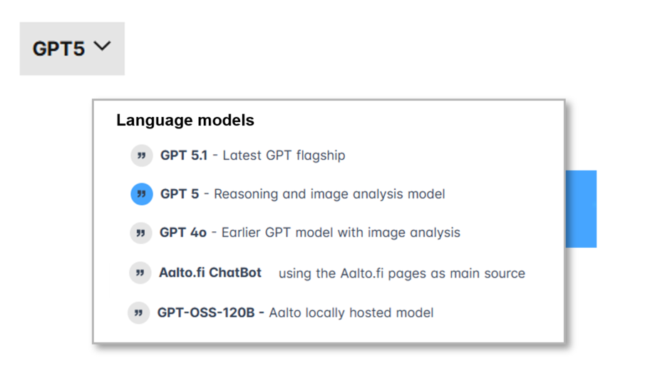 Dropdown menu showing different GPT language models, including GPT 5.1, GPT 5, GPT 4o, Aalto.fi ChatBot, and GPT-OSS-120B.