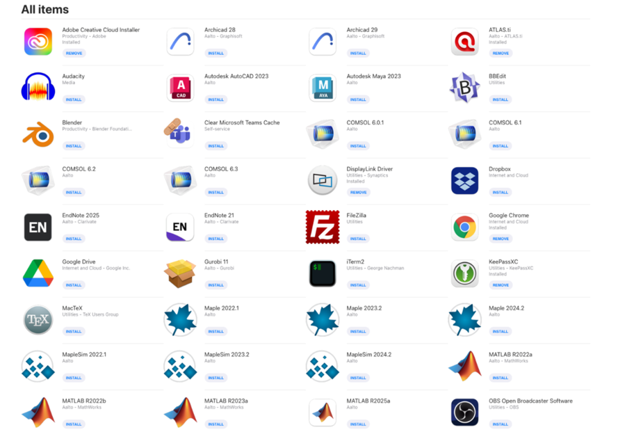A software installation interface showing various applications with options to install or remove them.