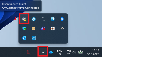 Windowsin tehtäväpalkki, ilmaisinalueen kuvakkeet ja korostettu Cisco AnyConnect VPN yhdistetty -ponnahdus.
