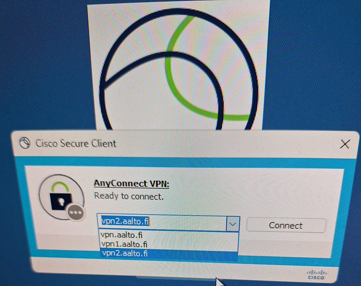 Cisco Secure Client VPN -ikkuna sinisellä taustalla, valikossa vpn2.aalto.fi valittuna