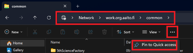 File explorer window showing folder path, folders 'Home' and 'Gallery'. 'Pin to Quick access' option is highlighted.