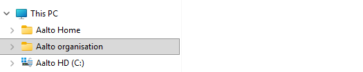 File Explorer view showing folders Aalto Home, Aalto organisation, and Aalto HD (C:).