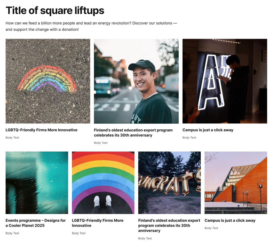 Webpage grid of six photos with rainbows, students, campus buildings and text headlines