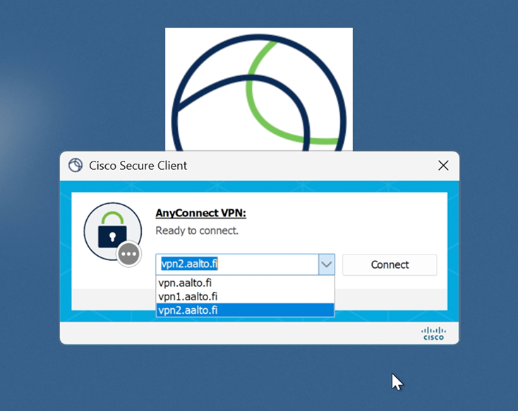 Cisco Secure Client -ikkuna, AnyConnect VPN -palvelinlista, vpn2.aalto.fi valittuna sinisellä taustalla
