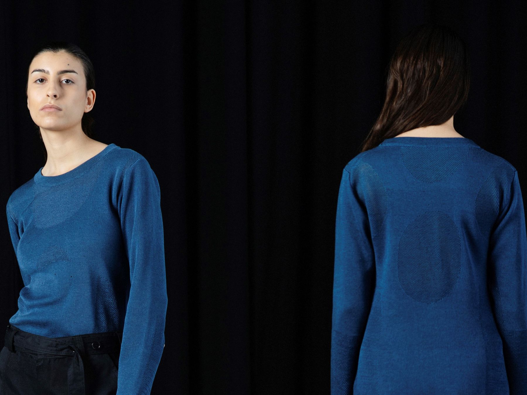 A woman in a blue top