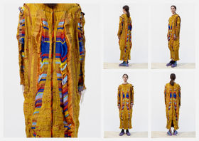 a yellowish experimental tunic worn by a person from different angles