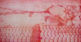 a photogravur by marija griniuk. a red atmosphere with bunch of chairs.