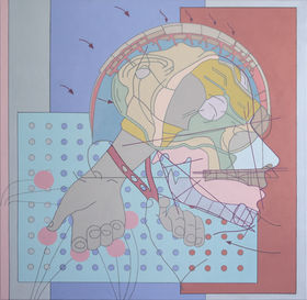 an illustration in which there are parts of human body interaction to one another 