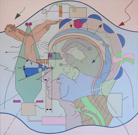 an illustration in which there are parts of human body interaction to one another 